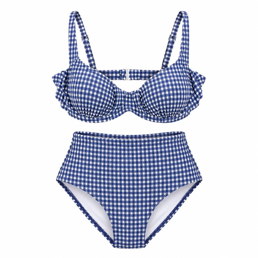 ZAFUL Blue Gingham Underwire Bikini Set High Waist Coquette Size M NWT